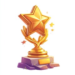 Golden star trophy on a pedestal with sparkling effects, white isolate background.
