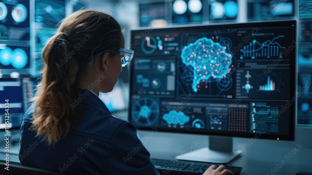 Aufkleber woman in high tech lab analyzes data on computer screen displaying digital brain interface. environm