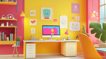 A lively anime-style office background, filled with bright colors and whimsical designs, perfect for creating a cheerful workspace atmosphere in animated projects.