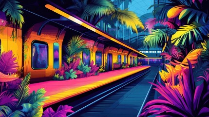 A lively anime-style train station scene, filled with bright colors and energetic details, perfect for creating a vibrant backdrop of urban travel and adventure.