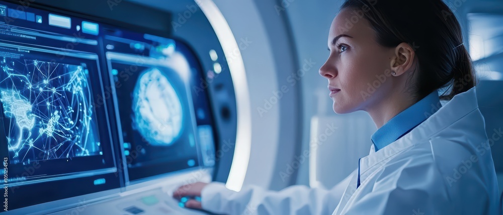 Poster scientist analyzing data on advanced computer screen in modern laboratory environment.