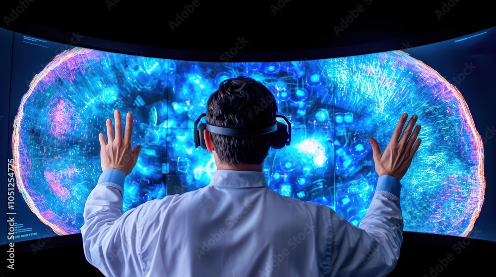 Poster scientist using virtual reality headset to explore digital data visualization.