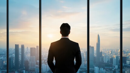 Fototapeta premium Silhouette of a businessman looking out over a city skyline at sunset.