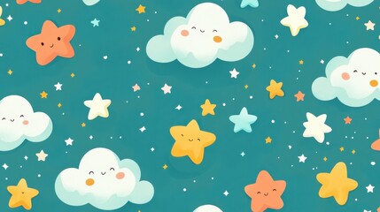 A lively comic art-style background featuring a dream green night sky adorned with cute stars and clouds, perfect for adding charm to artistic projects.