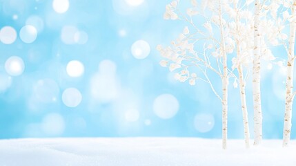 Fototapeta premium Tranquil and Serene Snowy Winter Scene with Birch Trees in a Calm Forest, Featuring Blue Bokeh Background and Gentle Natural Light