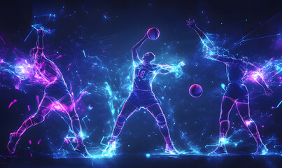 Dynamic Volleyball Action with Neon Lights and Abstract Geometric Patterns for Futuristic Sports Branding