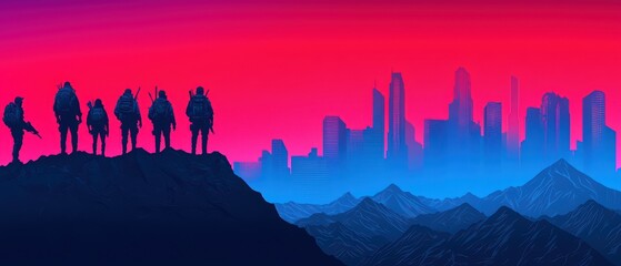 Naklejka premium Silhouetted figures against a vibrant sunset over a city skyline, symbolizing adventure and exploration.
