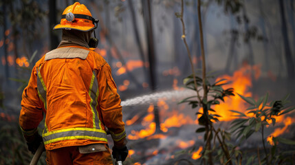 firefighter in orange gear bravely battles forest blaze, surrounded by smoke and flames, demonstrating courage and dedication