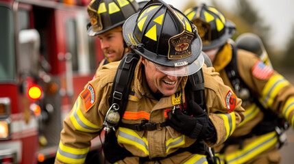 Obraz premium Brave firefighters in action, wearing protective gear and helmets, work together near fire truck. Their teamwork and dedication are evident as they respond to emergency