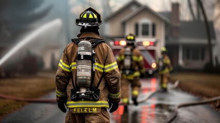 Obraz premium firefighter in full gear stands ready, checking equipment before responding to emergency. scene is set in residential area with ambulance in background