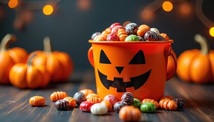 Halloween-themed candies spilling out of a bright festive bucket set against a dark backdrop of pumpkins and eerie autumn lights