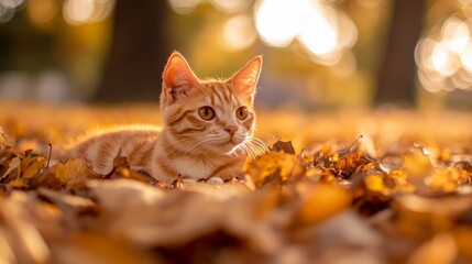 Orange Cat in Fall Leaves