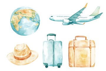 Travel set with airplane, the globe, suitcase, sleep mask, pillow, tickets, passport, red geotag; watercolor hand draw illustration.