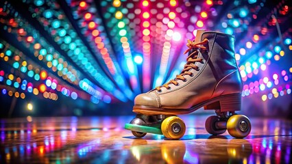 Vintage roller skate on disco floor with low angle perspective
