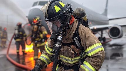 Fototapeta premium Firefighters in protective gear work to extinguish fire on airplane, showcasing bravery and teamwork in critical situation