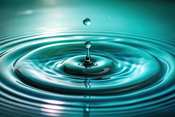 Water droplets fall onto a still blue-green surface of teal water with ripples and reflections, fluid, sea, wave movement, teal water, droplet