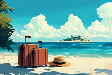 Fototapeta premium Vintage old travel suitcase on beach.