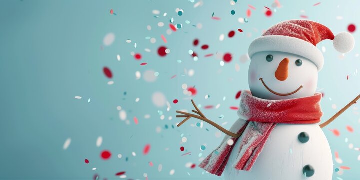 A cheerful snowman in a festive winter scene is spreading joy with confetti, bringing holiday cheer in a snowy Christmas background. The playful snowman is part of a joyful celebration
