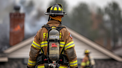 firefighter stands on rooftop, surrounded by smoke, wearing protective gear and helmet. scene is tense and focused, highlighting bravery and dedication of emergency responders