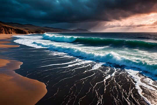 A stormy alien coastline with dark iridescent sands and crashing waves that sparkle in multiple colors. Ai Generated