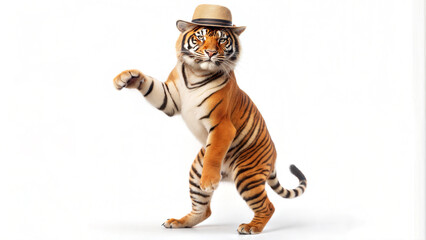 Cartoon image of a tiger standing on two legs wearing a hat on a white background.ai generate