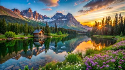 A serene mountain view at sunrise, with sky, clouds and a small house by the stream. generative ai