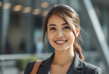Obraz premium Smiling Asian Businesswoman Portrait Professional Success Corporate Office Confidence