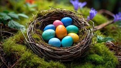 Obraz premium Watercolor Easter Nest - Springtime Bird's Nest with Painted Eggs and Flowers