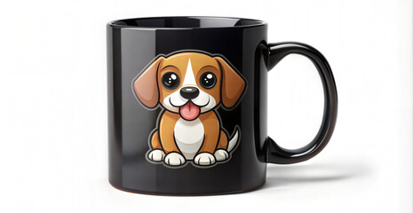 A black coffee mug with a cartoon puppy pattern on it.generative ai