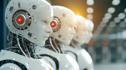 Fototapeta premium A row of futuristic humanoid robots with glowing red eyes, showcasing advanced technology in a modern, illuminated environment.