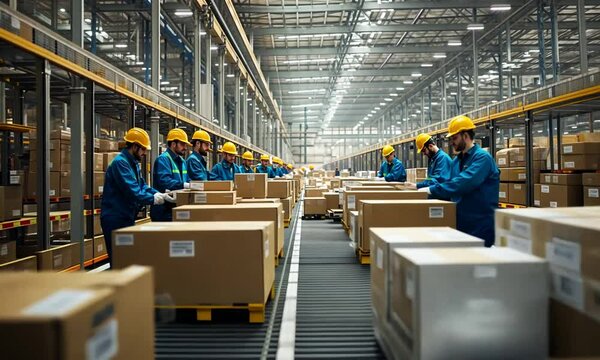 Workers in a warehouse sorting and packing boxes on a conveyor belt for distribution.