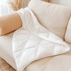 Fototapeta premium Cozy White Down Duvet Draped Over Armrest of Beige Modern Sofa with Checkered Quilting and Soft Lighting