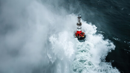 Obraz premium powerful wave crashes against sturdy tugboat navigating through rough seas, showcasing vessels resilience and strength amidst turbulent ocean