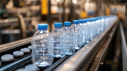 Water bottles moving on conveyor belt in factory