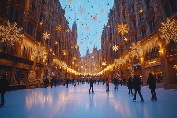 Fototapeta premium People skating in christmas decorated stoleshnikov lane in moscow