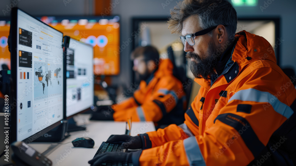 Aufkleber engineers in bright orange jackets focus on monitoring data on multiple screens in high tech control