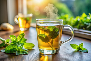  Fresh Mint Tea in Sunlit Room with Green Leaves