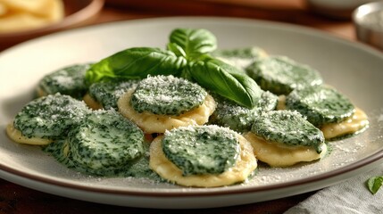 Ravioli pasta with spinach and creamy sauce being served on plate