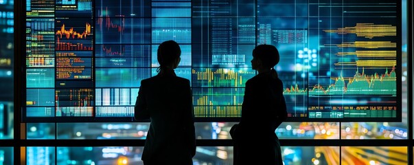 Two professionals, project management board, product review discussion, network, stock exchange data