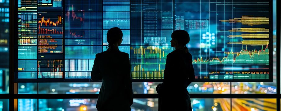 Two professionals, project management board, product review discussion, network, stock exchange data