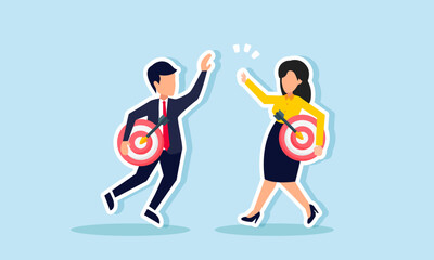 A businessman and a businesswoman clap together, each holding a target board, illustration of celebrating success in achieving business goals