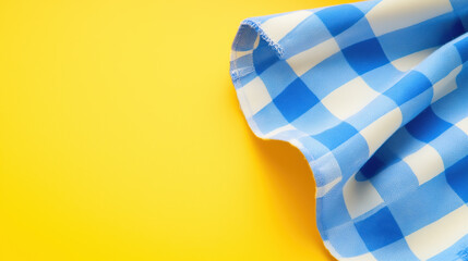 Blue Checkered Napkin on Yellow Cardboard Background with Studio Lighting and Tilted Perspective for Stylish Table Setting