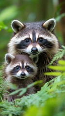 Fototapeta premium Mother raccoon protecting her cub in the forest