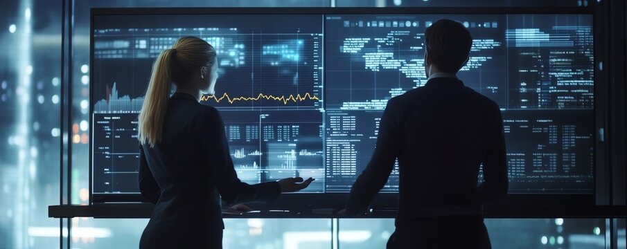 Two team members, managing tasks, analyzing products, digital network, stock market chart on screen