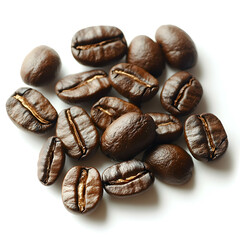 Fototapeta premium Roasted coffee beans isolated on a white background, showcasing their rich brown color and glossy texture.