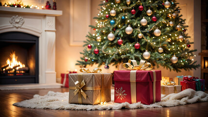 Stunning Christmas Background Photo: Capture the Magic of the Festive Season. Christmas Winter eve, x-mas tree and gifts. Generative AI.