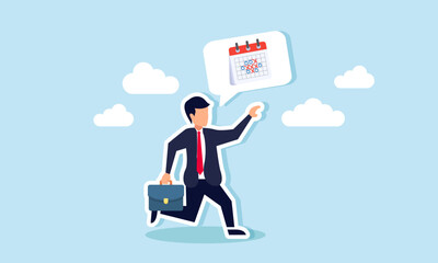 A businessman runs while discussing a schedule calendar, illustration of catching up on business projects according to the timeline schedule