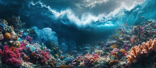 Obraz premium Vibrant coral reef thriving beneath a wave with a dramatic sky above.