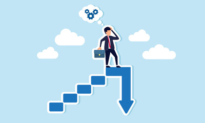 A businessman stands at the end of a staircase with a downward arrow, confused with a machine gear, illustration of analyzing business management with decrease performance
