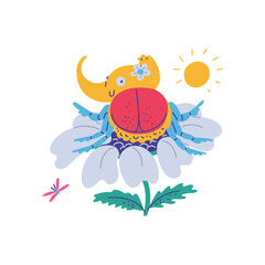 Cute Rhinoceros beetle sitting on white chamomile flower, vector cartoon rhino beetle insect with big horn and sunshine
